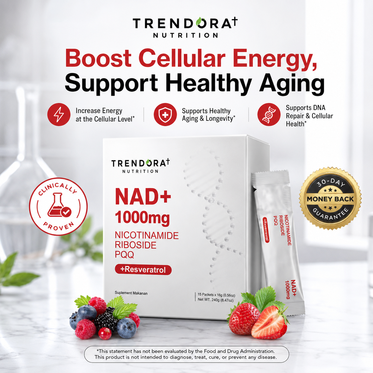 Trendora Nutrition  NAD+ Berry Flavor Drink Mix for Skin Aging Support, Energy, and Focus - 30 Pack