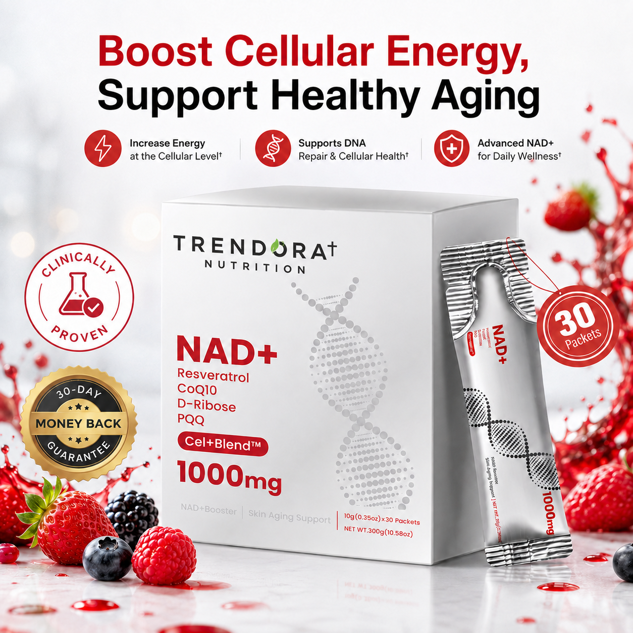Trendora Nutrition  NAD+ Berry Flavor Drink Mix for Skin Aging Support, Energy, and Focus