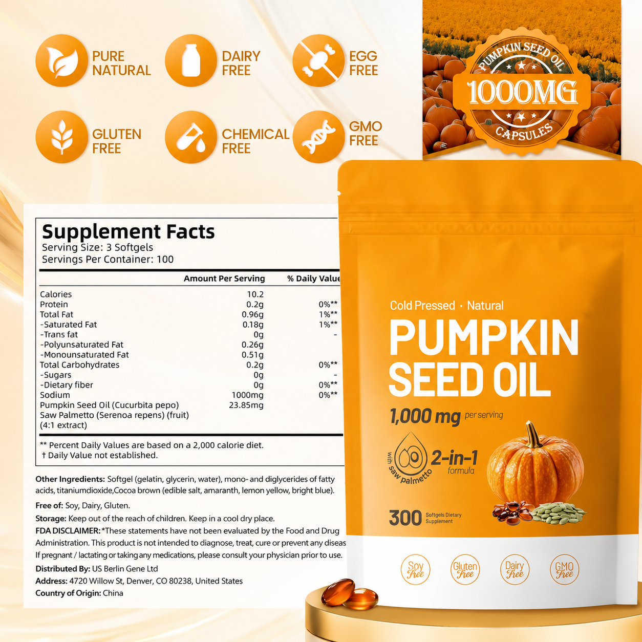 Trendora Nutrition Pumpkin Seed Oil Supports Hair, Urinary, Bladder & Prostate Health